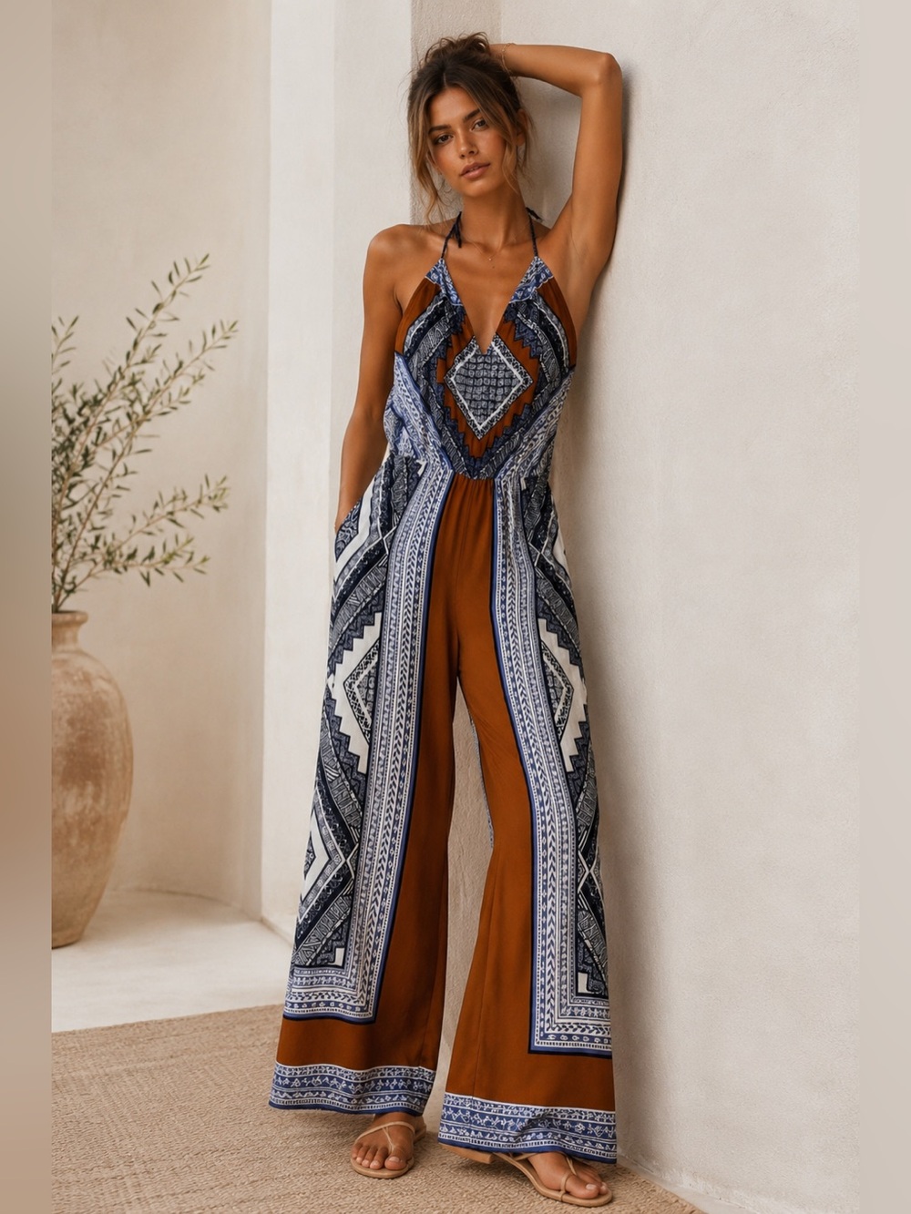 Boho Halter Wide-Leg Jumpsuit in Rust and Navy